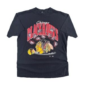 Vintage Chicago Blackhawks T-Shirt Men's XL Black Hockey NFL 90s Logo Graphic